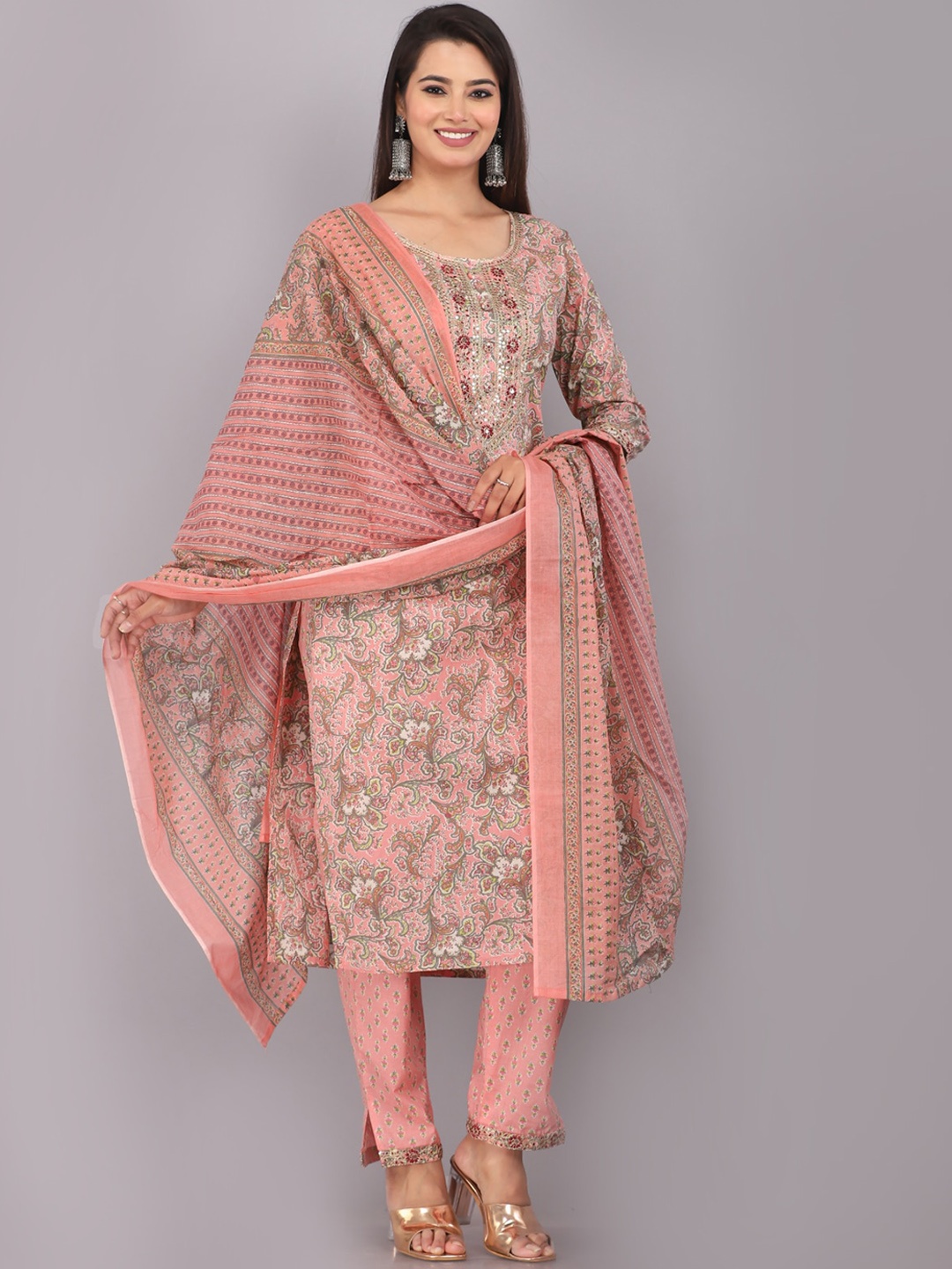 

KALINI Floral Printed Thread and Sequined Work Detail Kurta with Trousers & With Dupatta, Peach