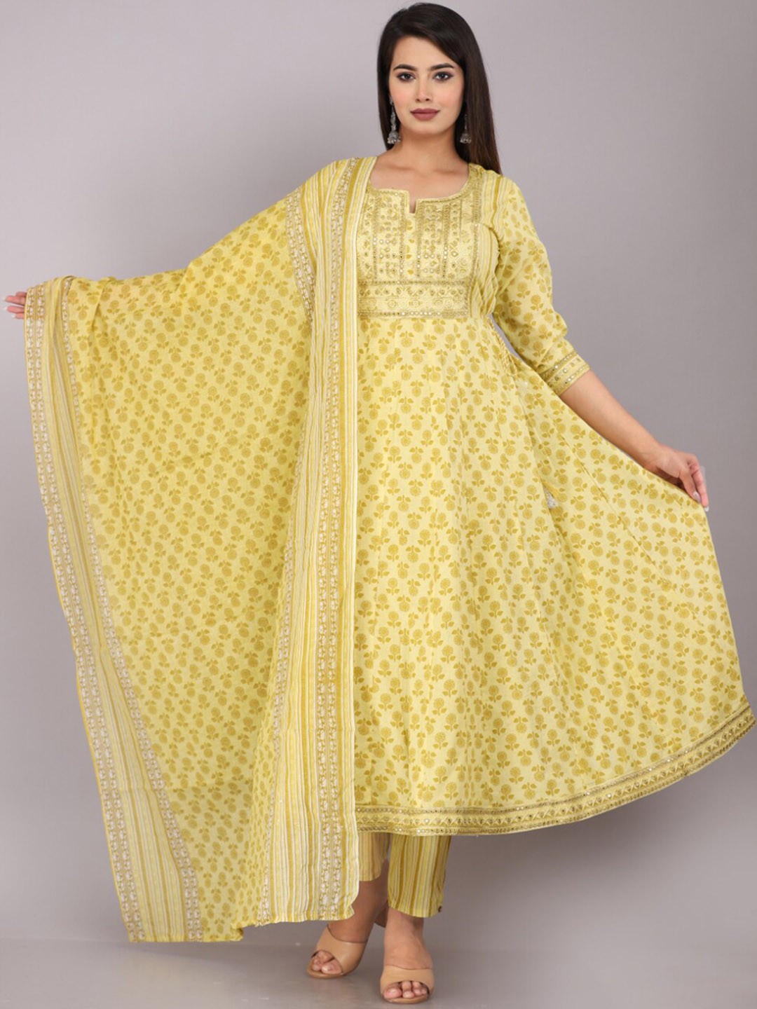 

KALINI Ethnic Motifs Printed Mirror Work Pure Cotton Kurta & Trousers with Dupatta, Yellow