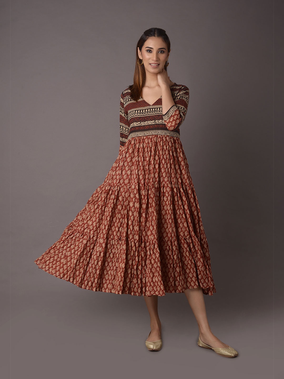 

PINKSKY Ethnic Motifs Printed Tiered Cotton Fit & Flare Dress, Maroon