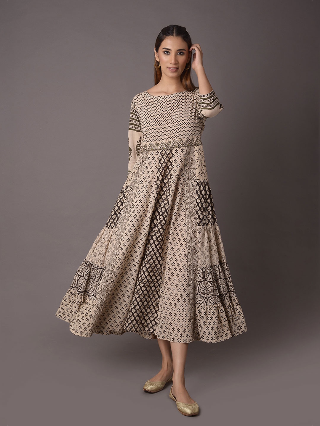 

PINKSKY Ethnic Motifs Printed Cotton Maxi Ethnic Dress, Beige