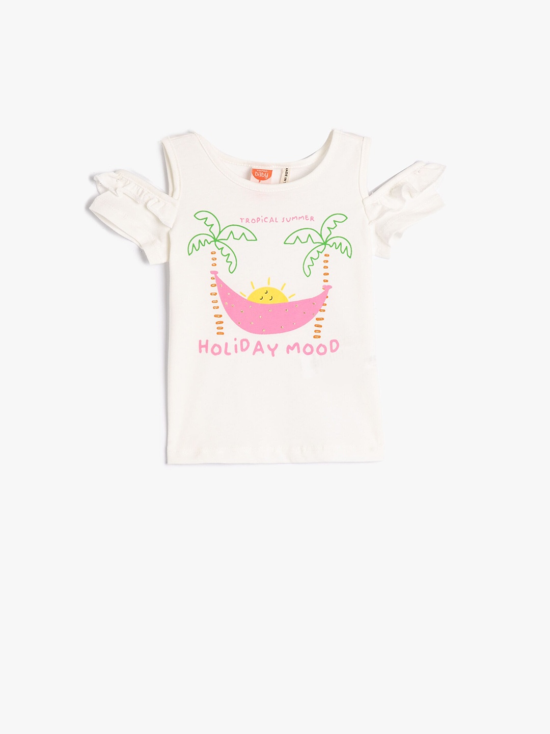 

Koton Girls Graphic Printed Cold Shoulder Sleeves Pure Cotton T-shirt, Off white
