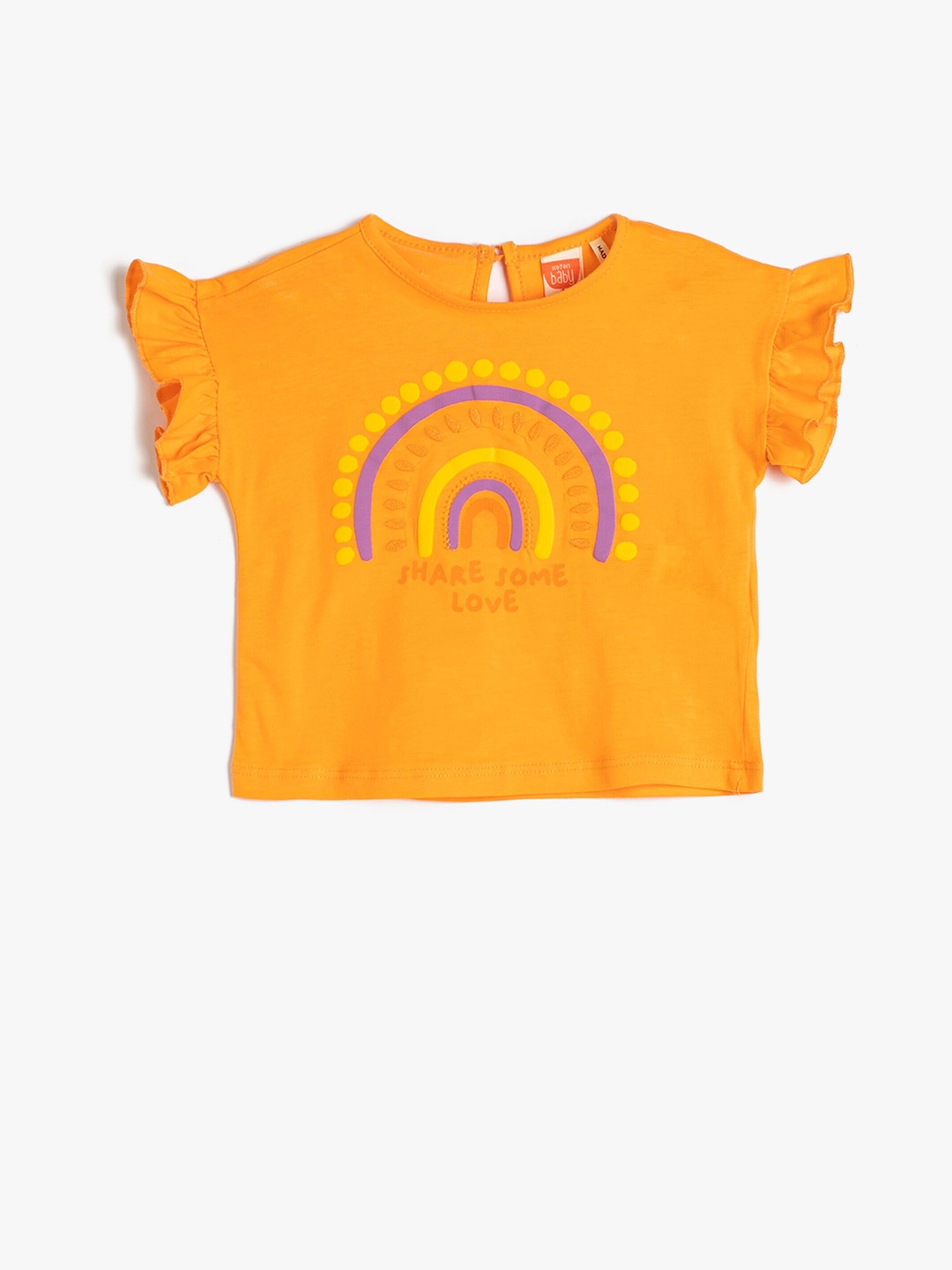

Koton Girls Graphic Printed Flared Sleeves Gathered Pure Cotton Top, Orange