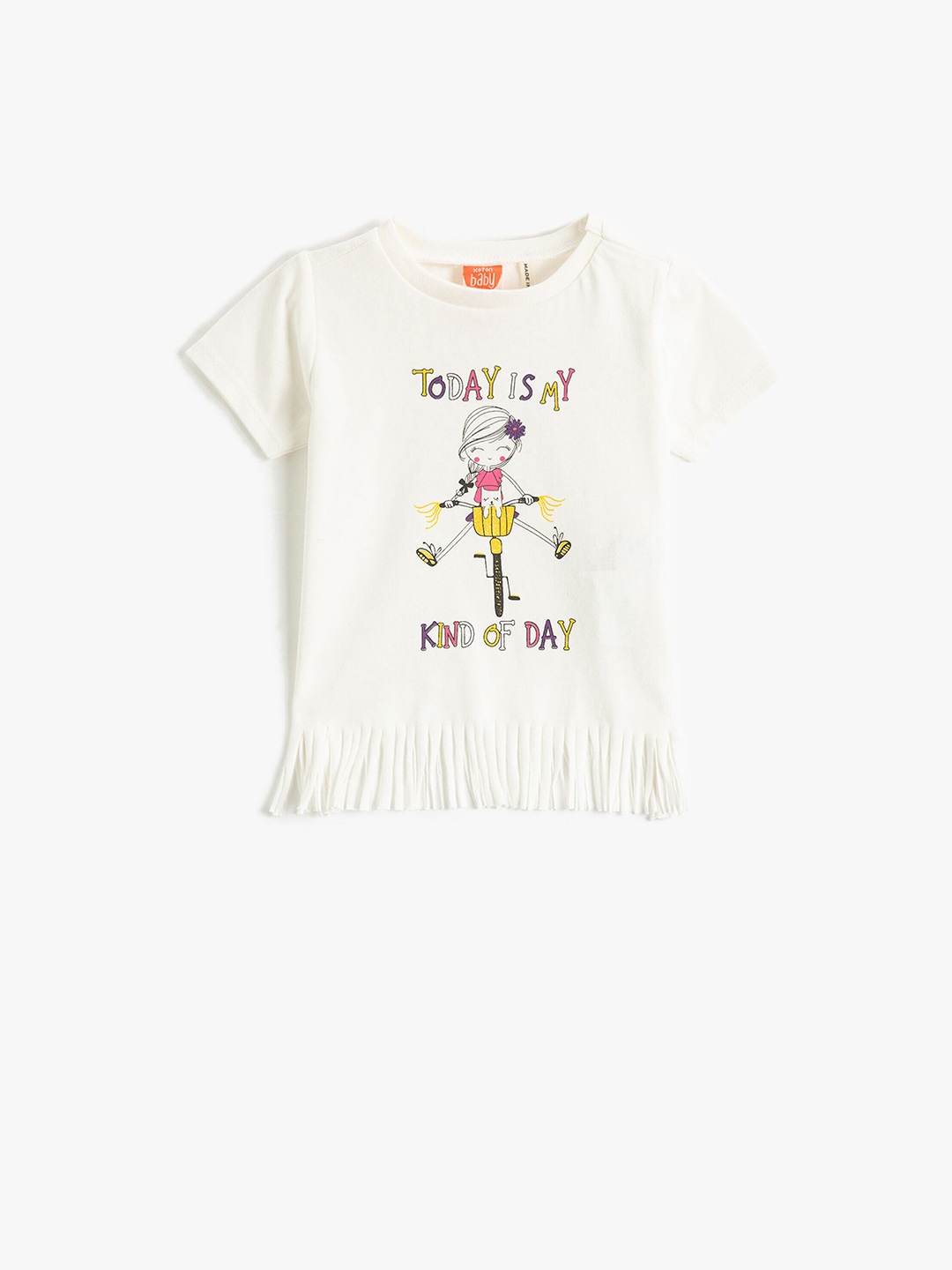

Koton Girls Graphic Printed Raw edge Pure Cotton T-shirt, Off white