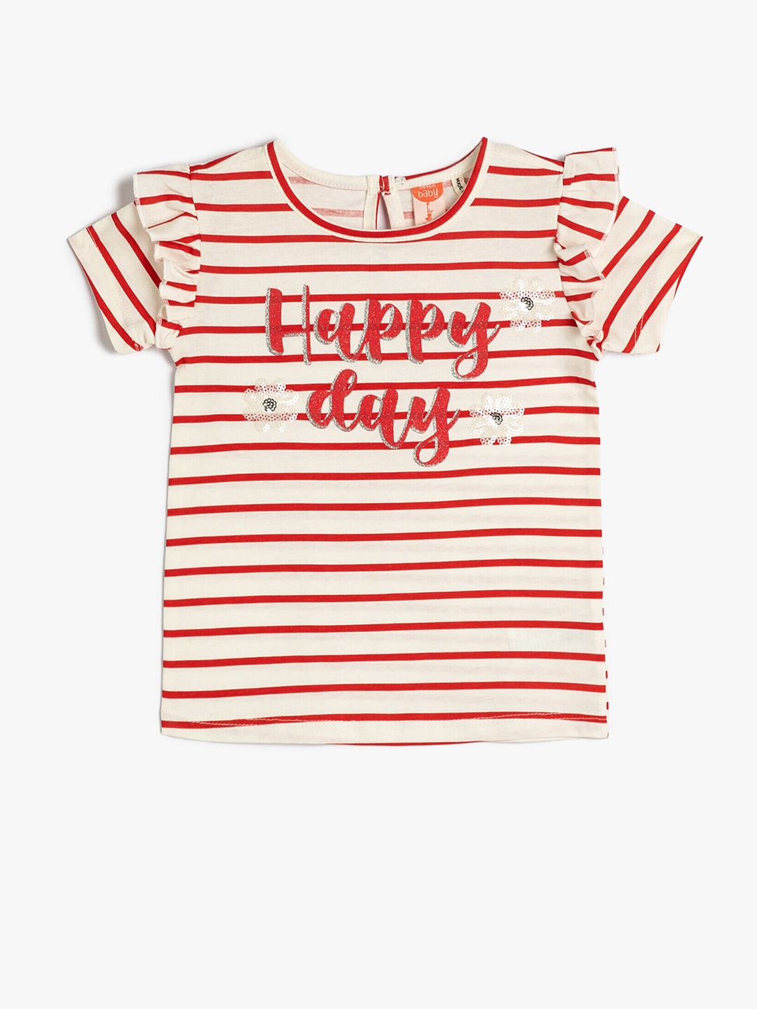 

Koton Girls Striped Sequined & Ruffled Pure Cotton Regular Top, Beige