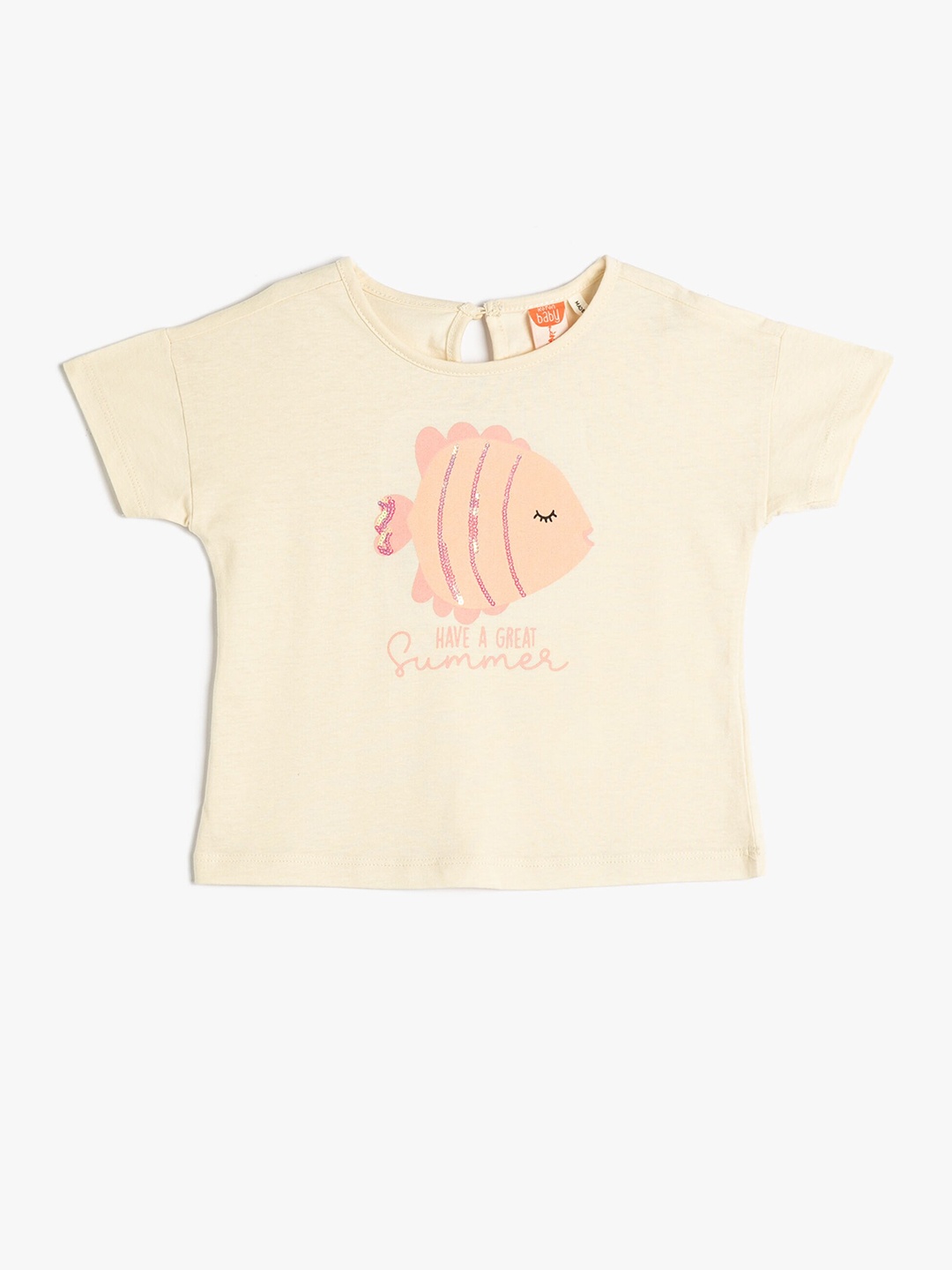 

Koton Girls Graphic Printed Cap Sleeves Embellished Pure Cotton Casual T-shirt, Beige