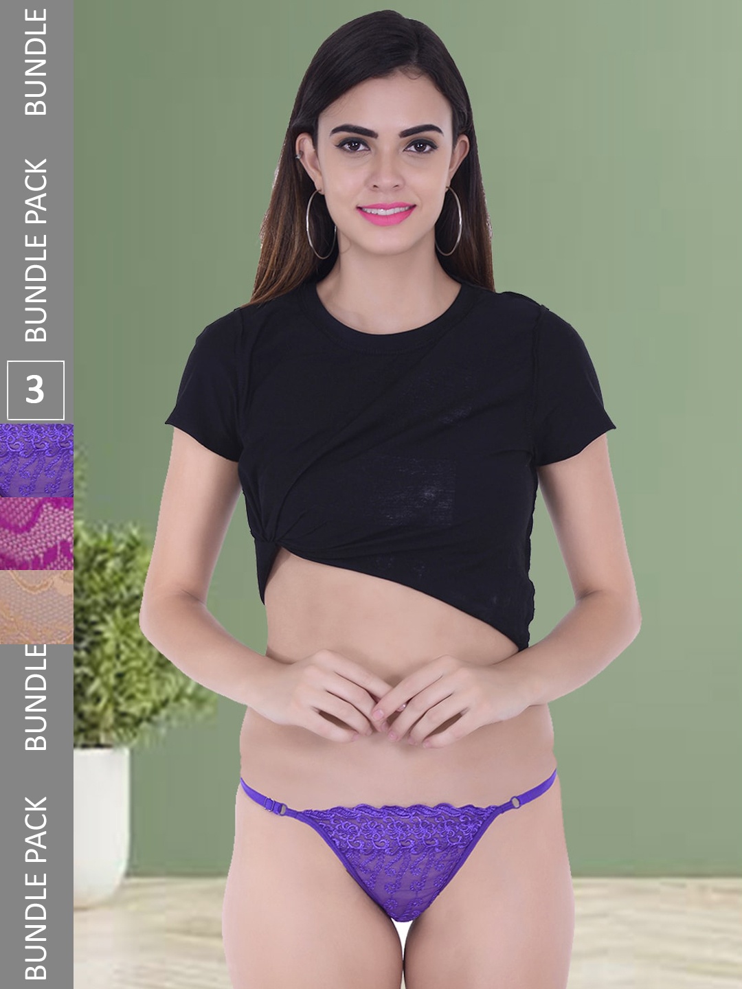 

Fleurt Pack Of 3 Assorted Self Design Thong Briefs
