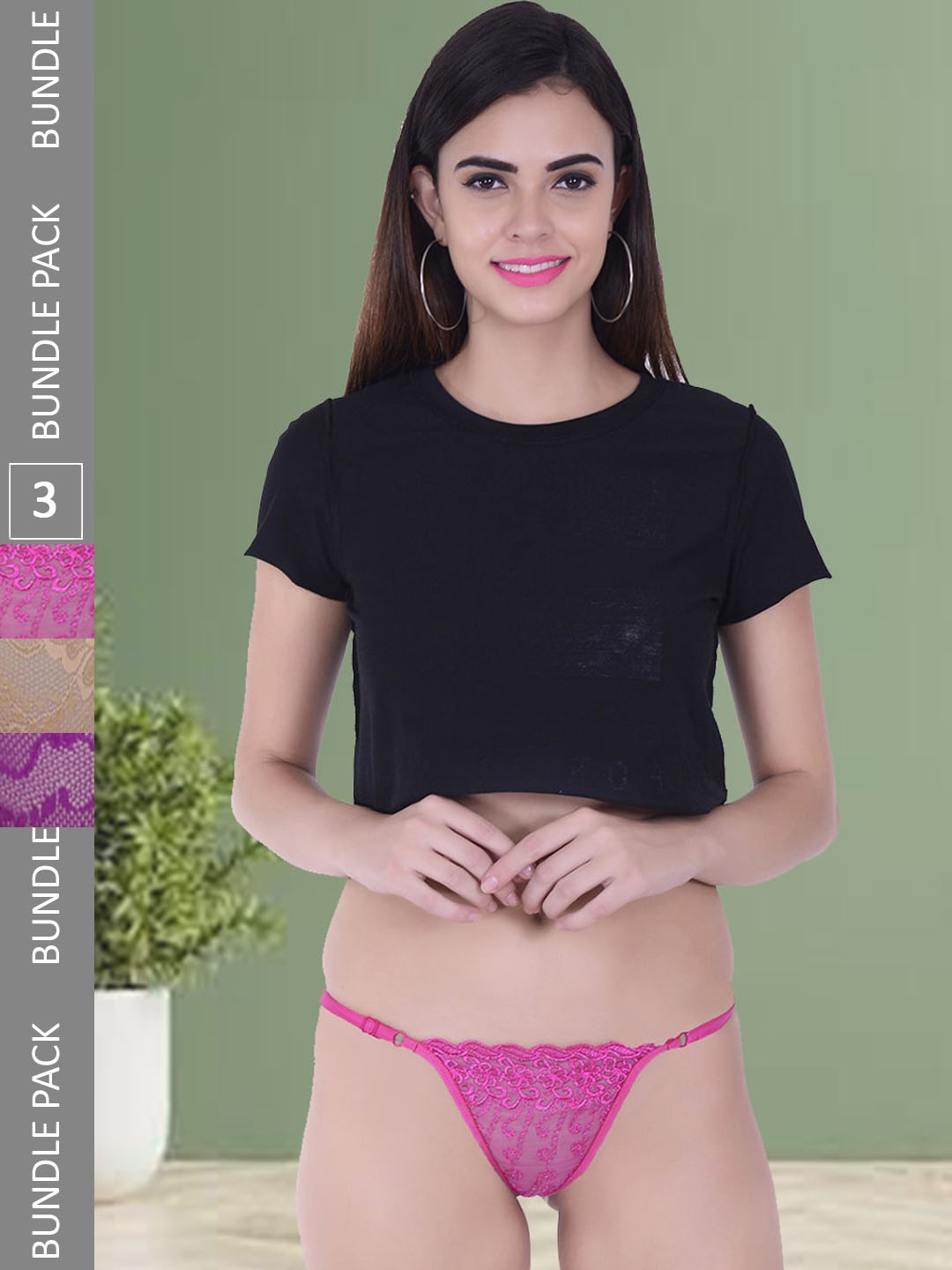 

Fleurt Pack Of 3 Self Design Assorted Thong Briefs FLPT3-THONG-CR-PK-PR-XS