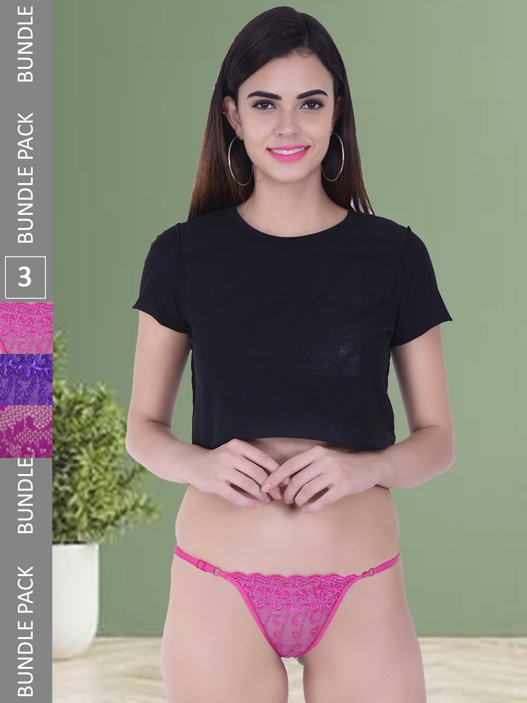 

Fleurt Pack Of 3 Self Design Assorted Thong Briefs