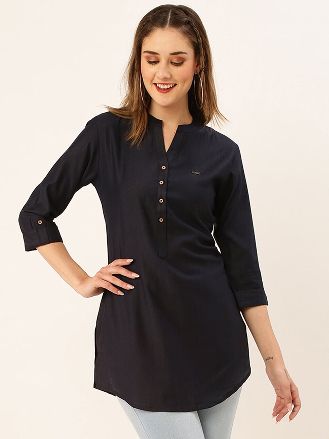 

ZOLA NavyBlue Mandarin Collar Roll-Up Sleeves Tunic, Navy blue