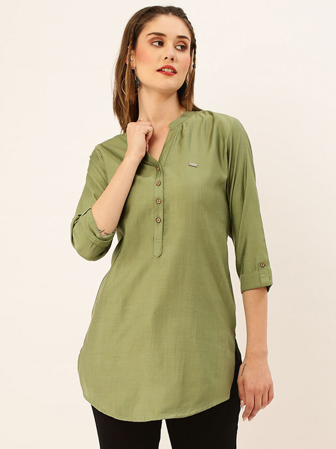 

ZOLA Olive Green Mandarin Collar Tunic