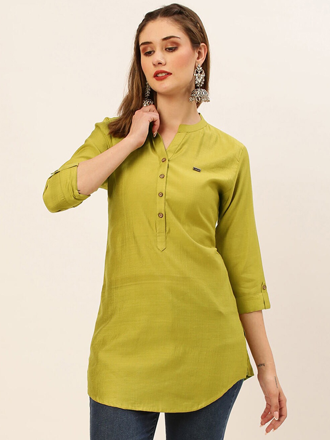 

ZOLA Olive Green Mandarin Collar Tunic