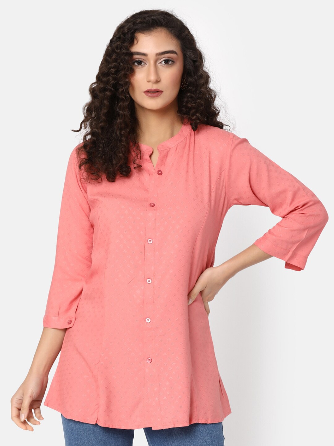 

V-Mart Pink & canteloupe Mandarin Collar Cotton Shirt Style Top