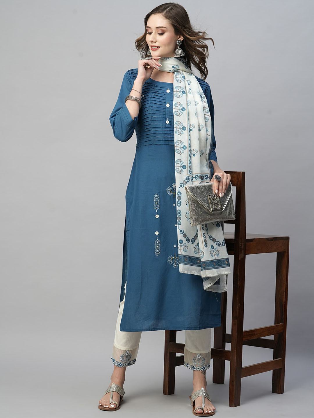 

Kiana Embroidered Regular Three-Quarter Sleeves Thread Work Kurta Set With Dupatta, Blue