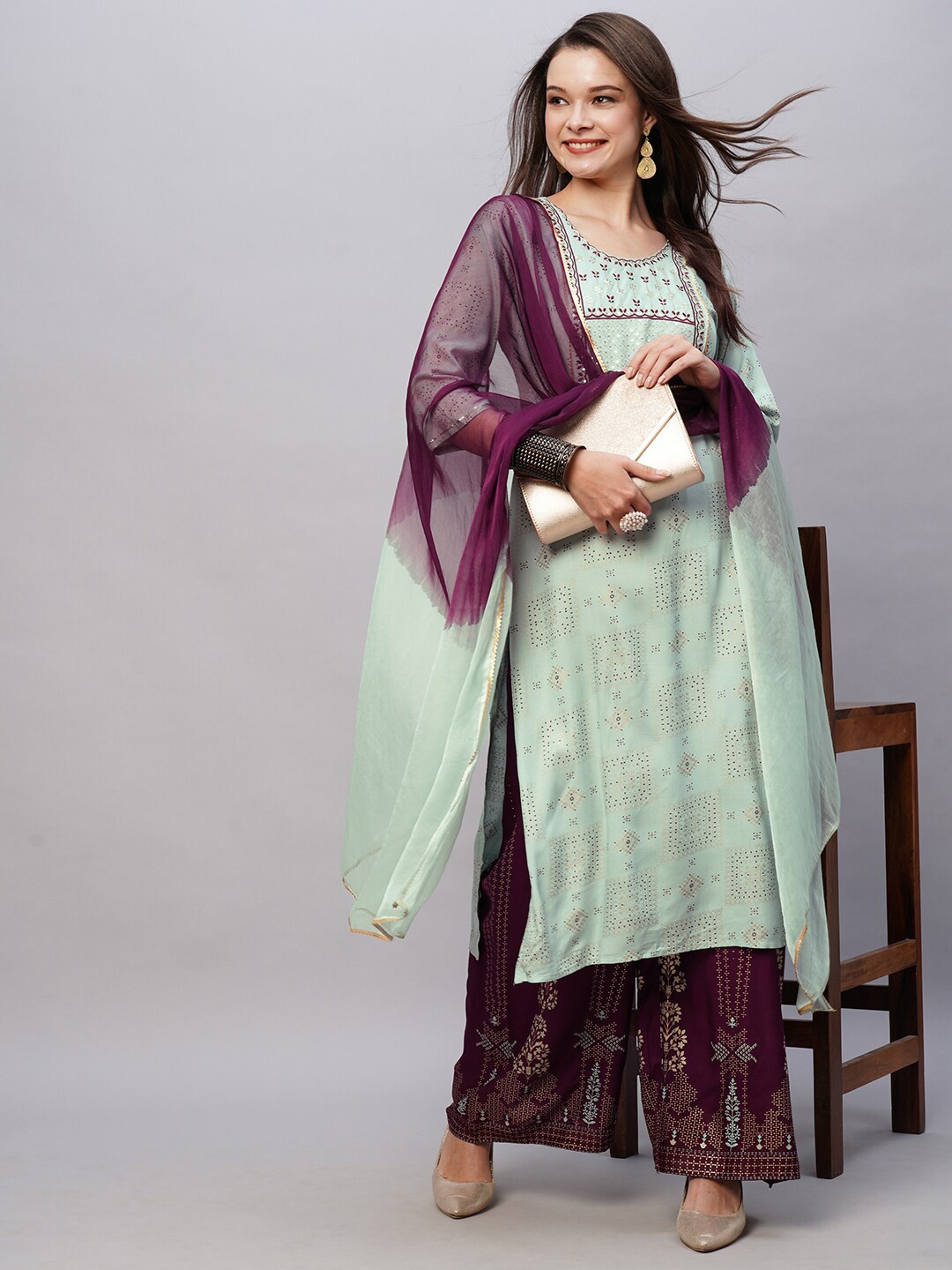 

Kiana House Of Fashion Ethnic Motifs Printed Thread Work Detailed Straight Kurta & Palazzos with Dupatta, Blue