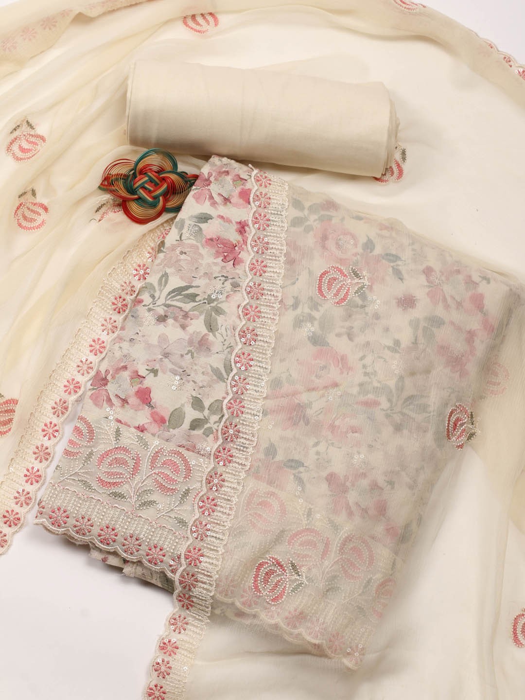 

Meena Bazaar Floral Printed Unstitched Dress Material, Cream