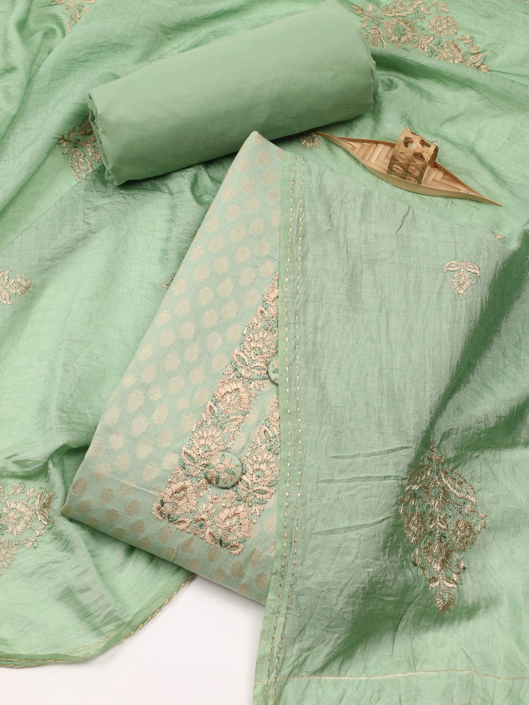 

Meena Bazaar Ethnic Embroidered Zari Unstitched Dress Material, Green
