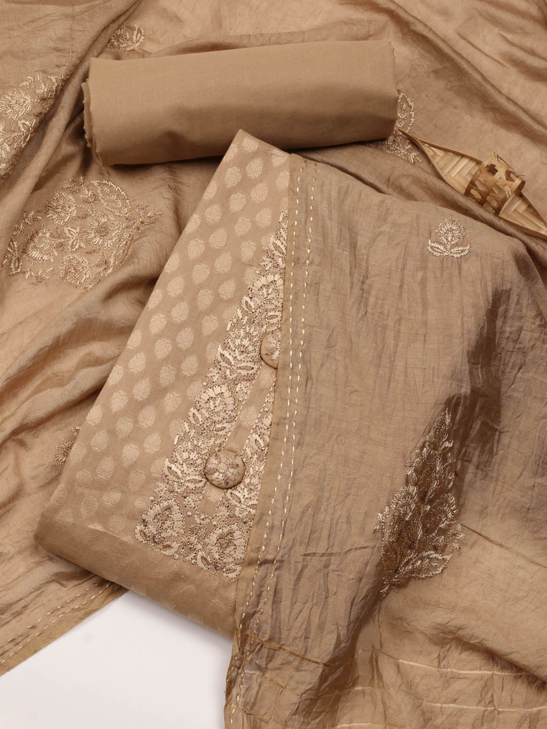 

Meena Bazaar Ethnic Embroidered Zari Unstitched Dress Material, Beige