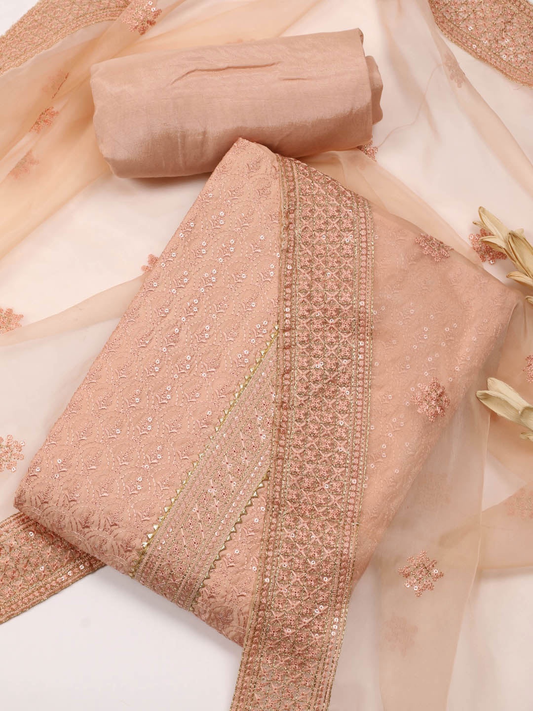 

Meena Bazaar Ethnic Embroidered Art Silk Unstitched Dress Material, Peach