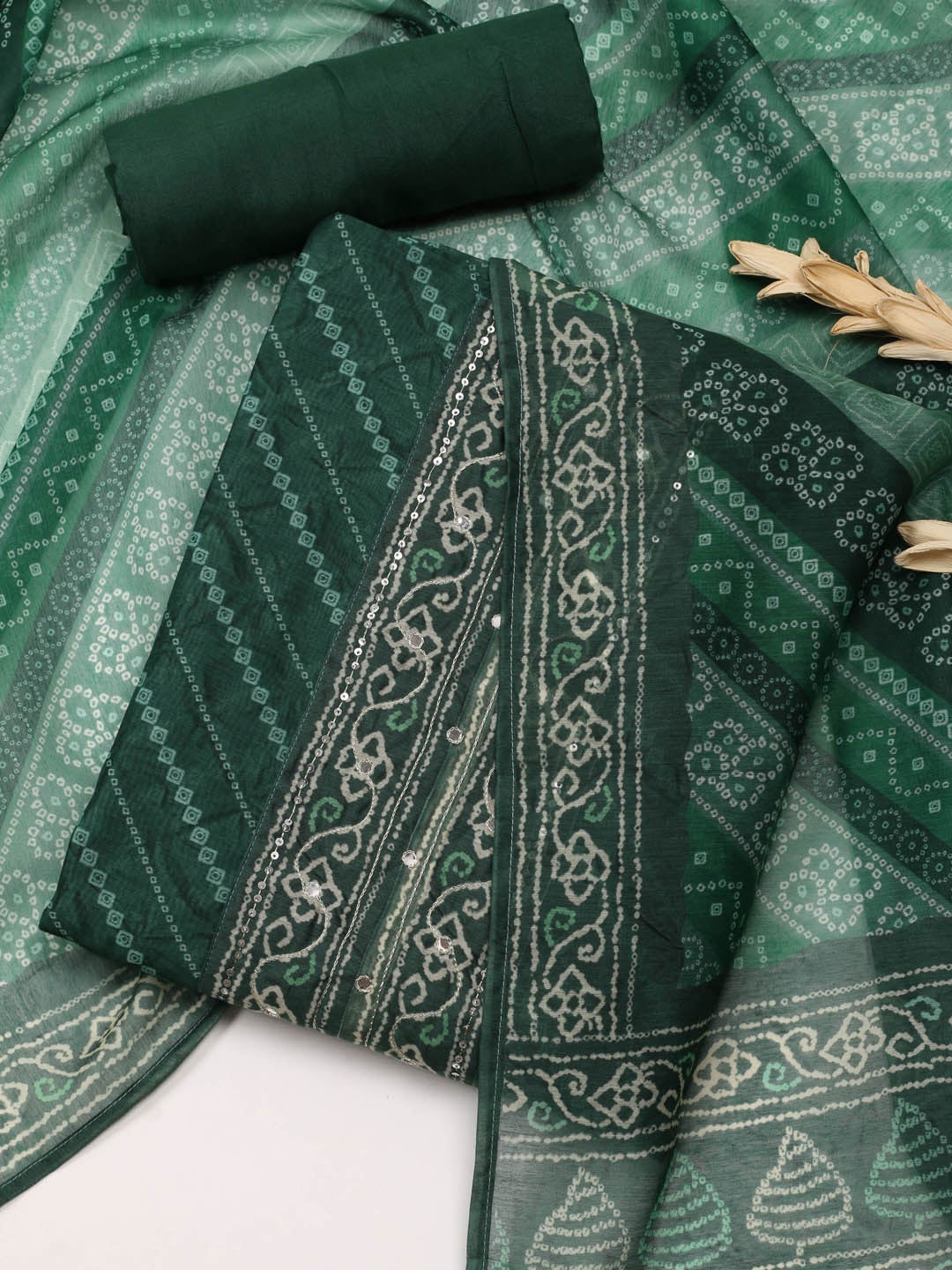 

Meena Bazaar Bandhani Printed Art Silk Unstitched Dress Material, Green