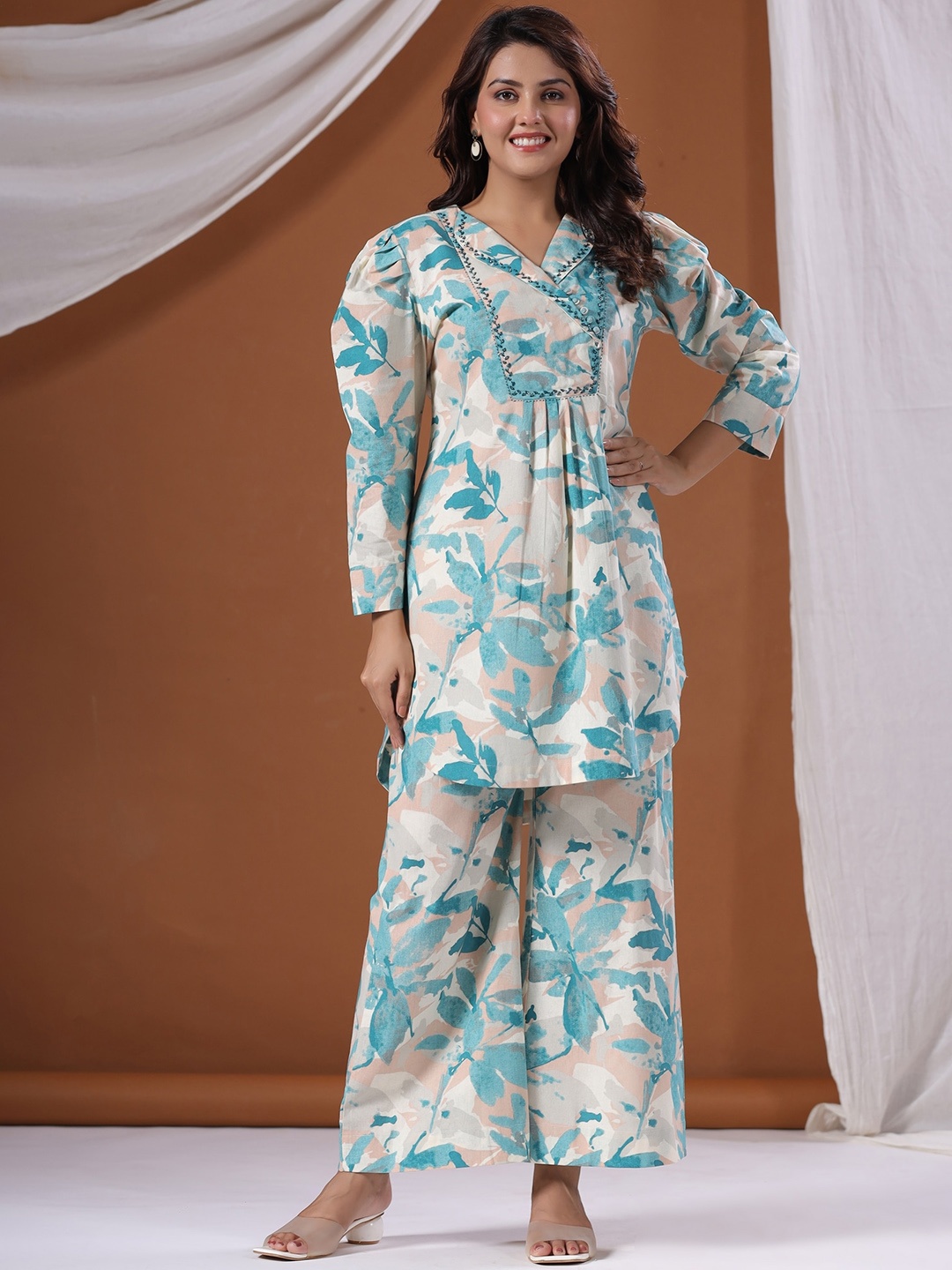 

EtnicaWear Floral Printed Pure Cotton Tunic & Palazzo Co-Ords, Turquoise blue