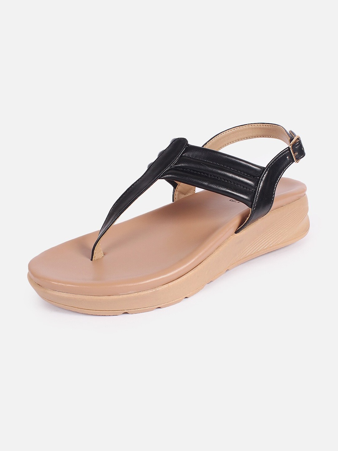 

DressBerry Black Textured T-Strap Flats With Buckle Closure