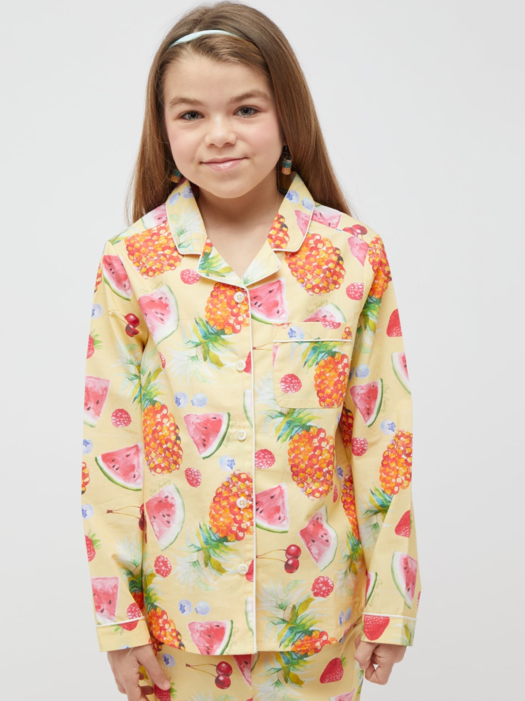 

One Friday Girls Conversational Printed Pure Cotton Night suit, Yellow