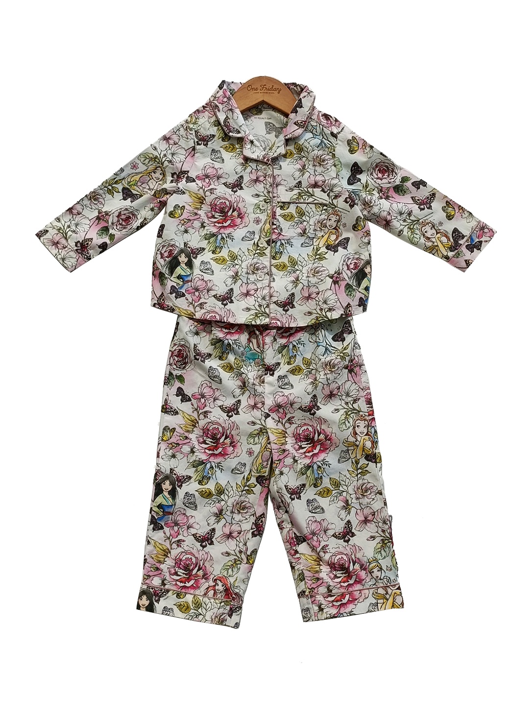 

One Friday Girls Floral Printed Pure Cotton Night suit, Off white