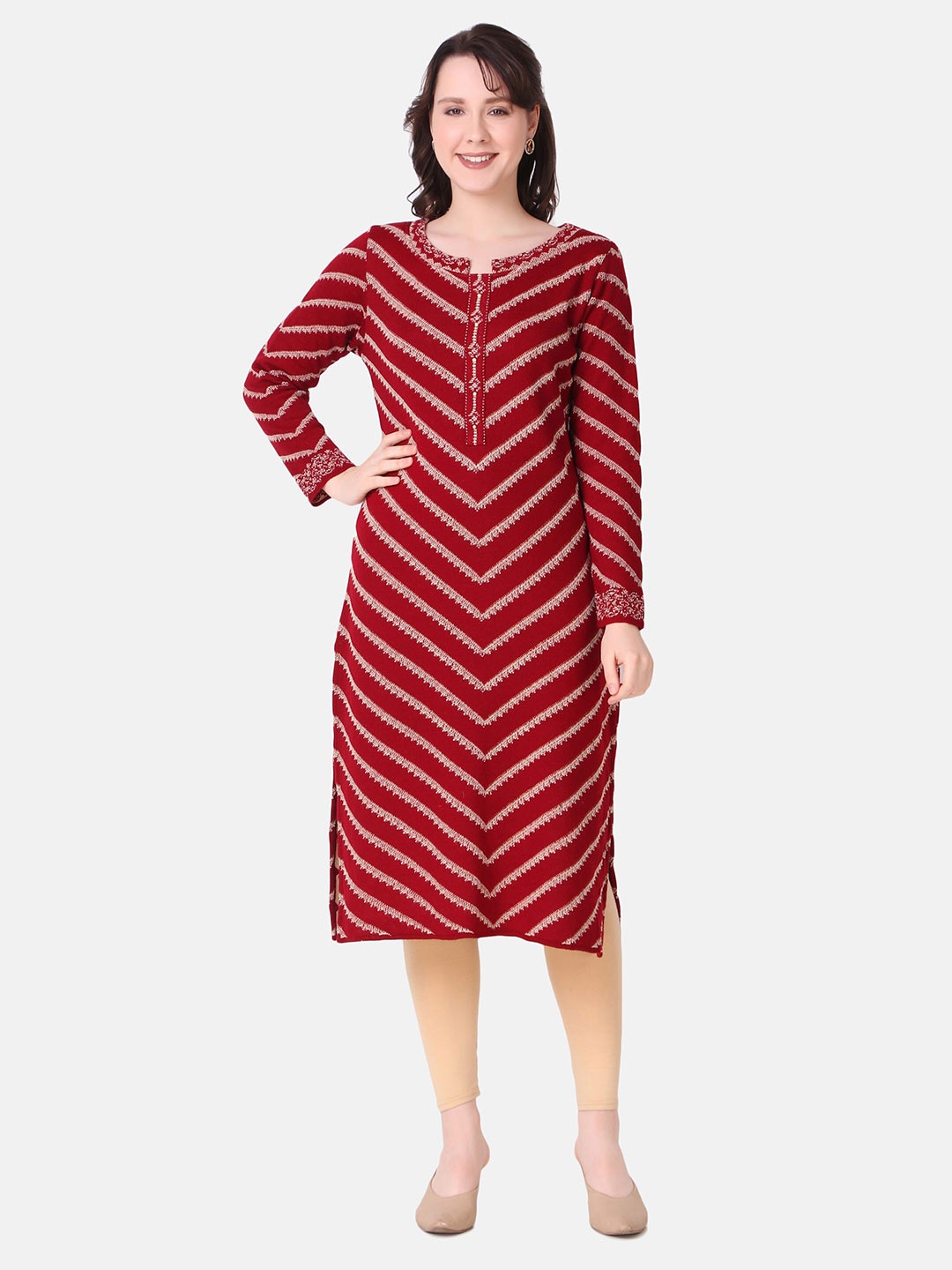 

Elthia Woven Design Beads Detail Straight Kurta, Red