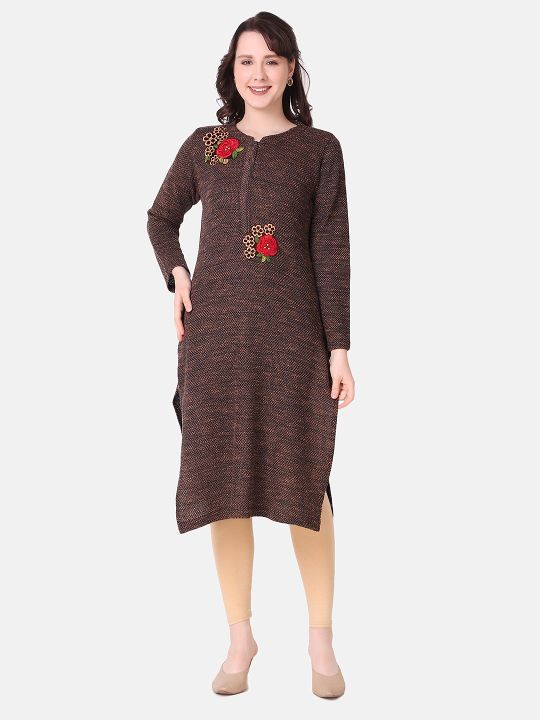 

Elthia Floral Embroidered Thread Work Woolen Kurta, Brown