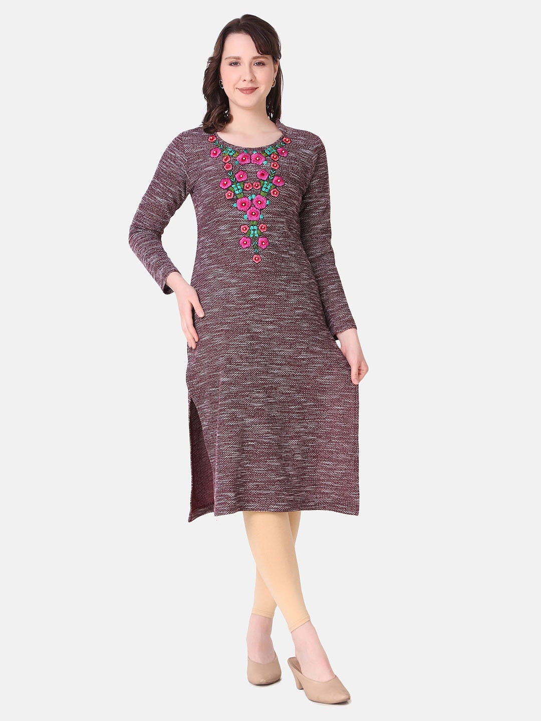

Elthia Mandarin Collar Woven Design Thread Work Detail Straight Kurta, Pink