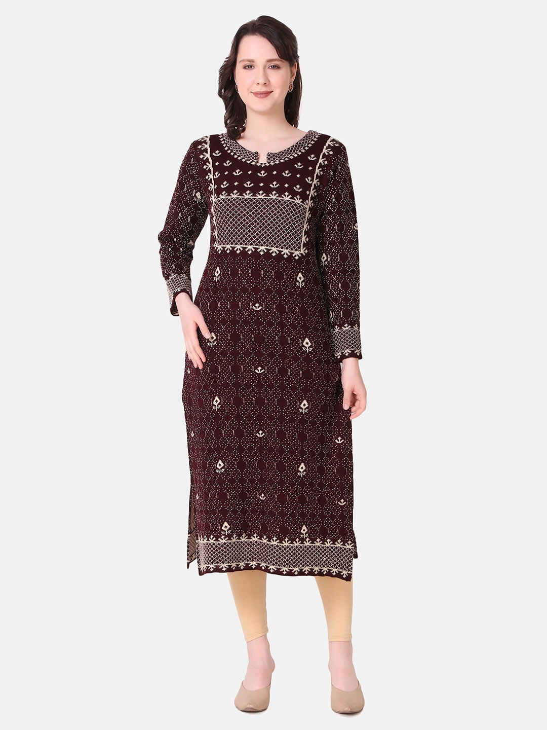 

Elthia Ethnic Motifs Printed Woolen Straight Kurta, Maroon