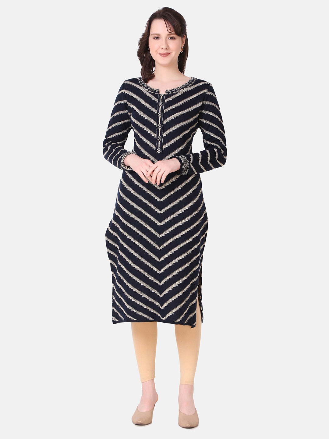 

Elthia Striped Printed Woolen Straight Kurta, Black