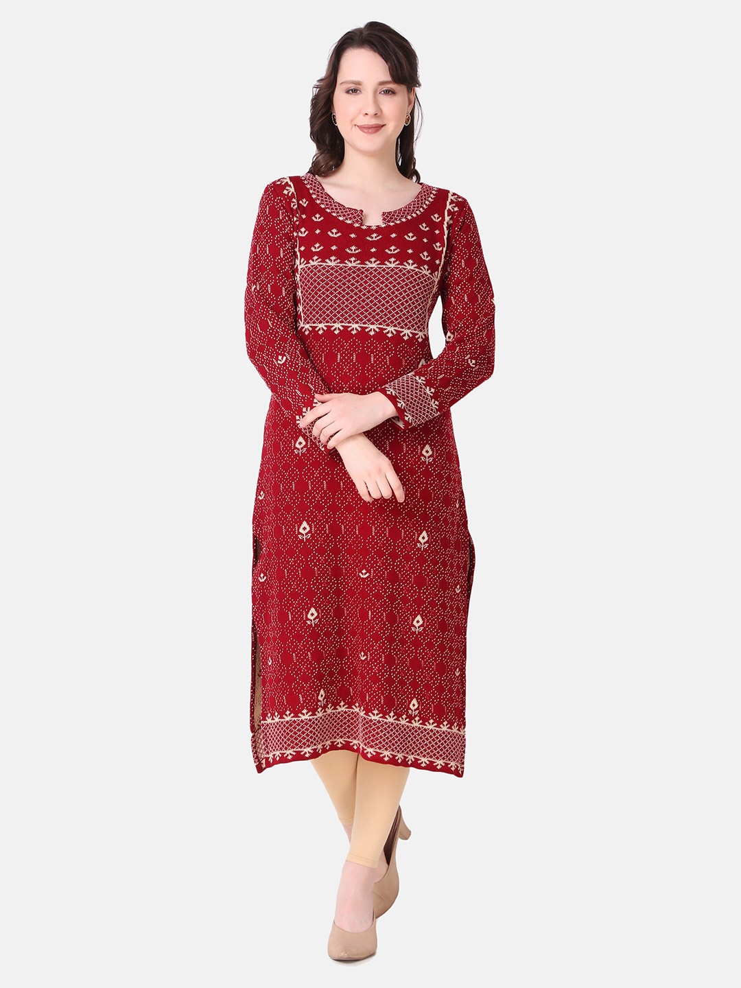 

Elthia Ethnic Motifs Printed Woolen Straight Kurta, Maroon