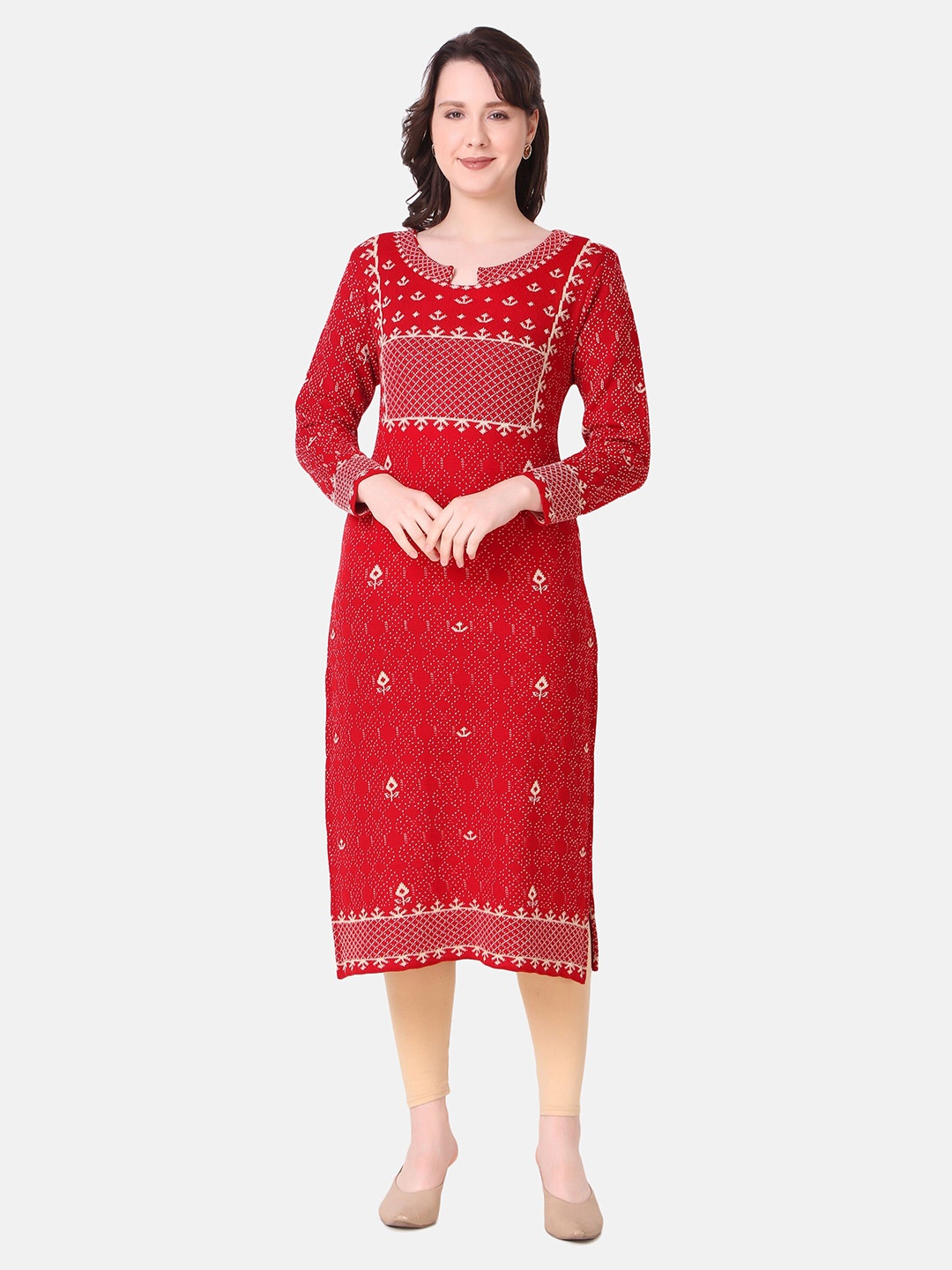 

Elthia Ethnic Motifs Printed Woolen Straight Kurta, Red