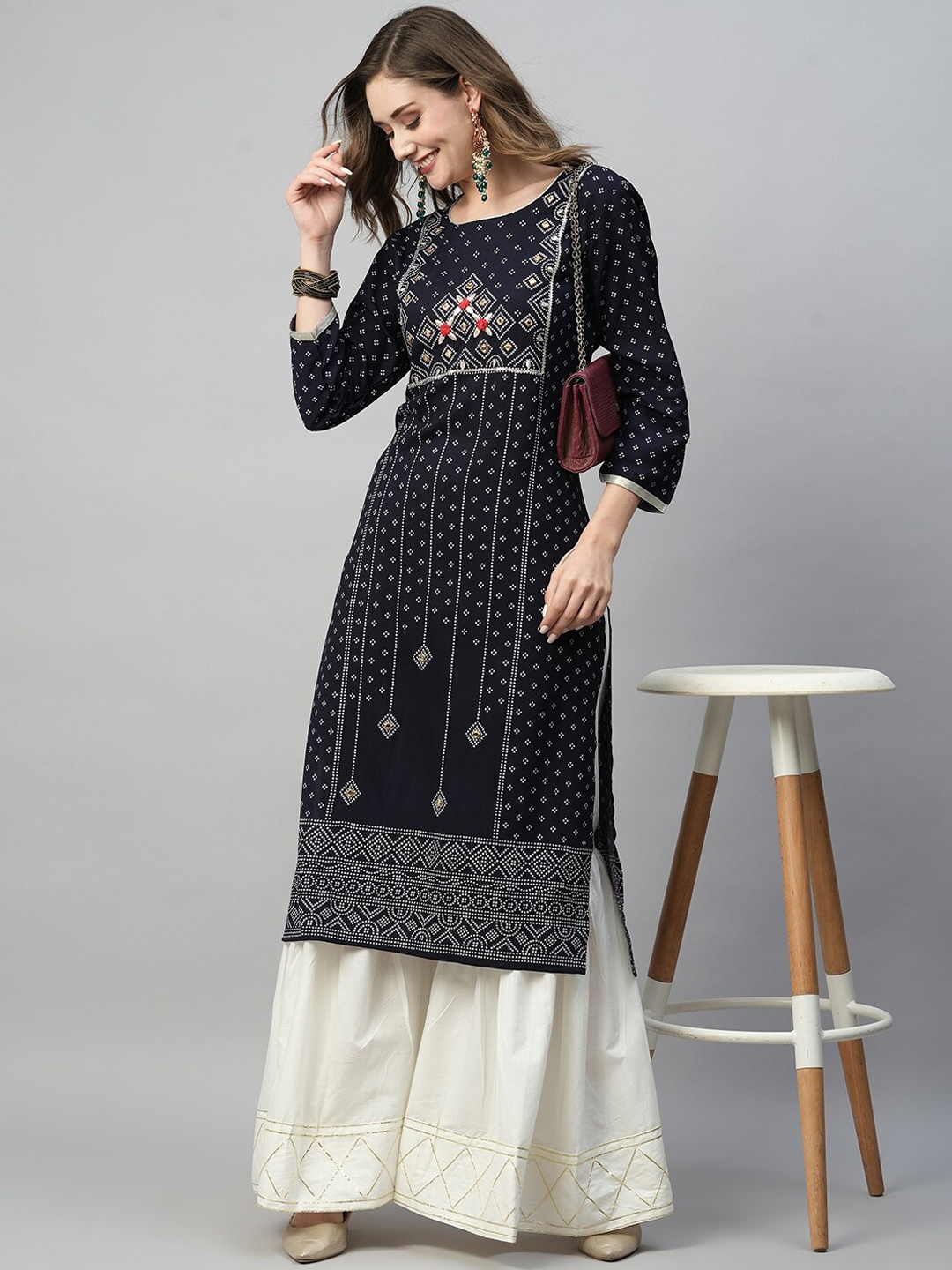 

Kiana Bandhani Printed Mirror Work Detailed Straight Kurta with Sharara, Navy blue
