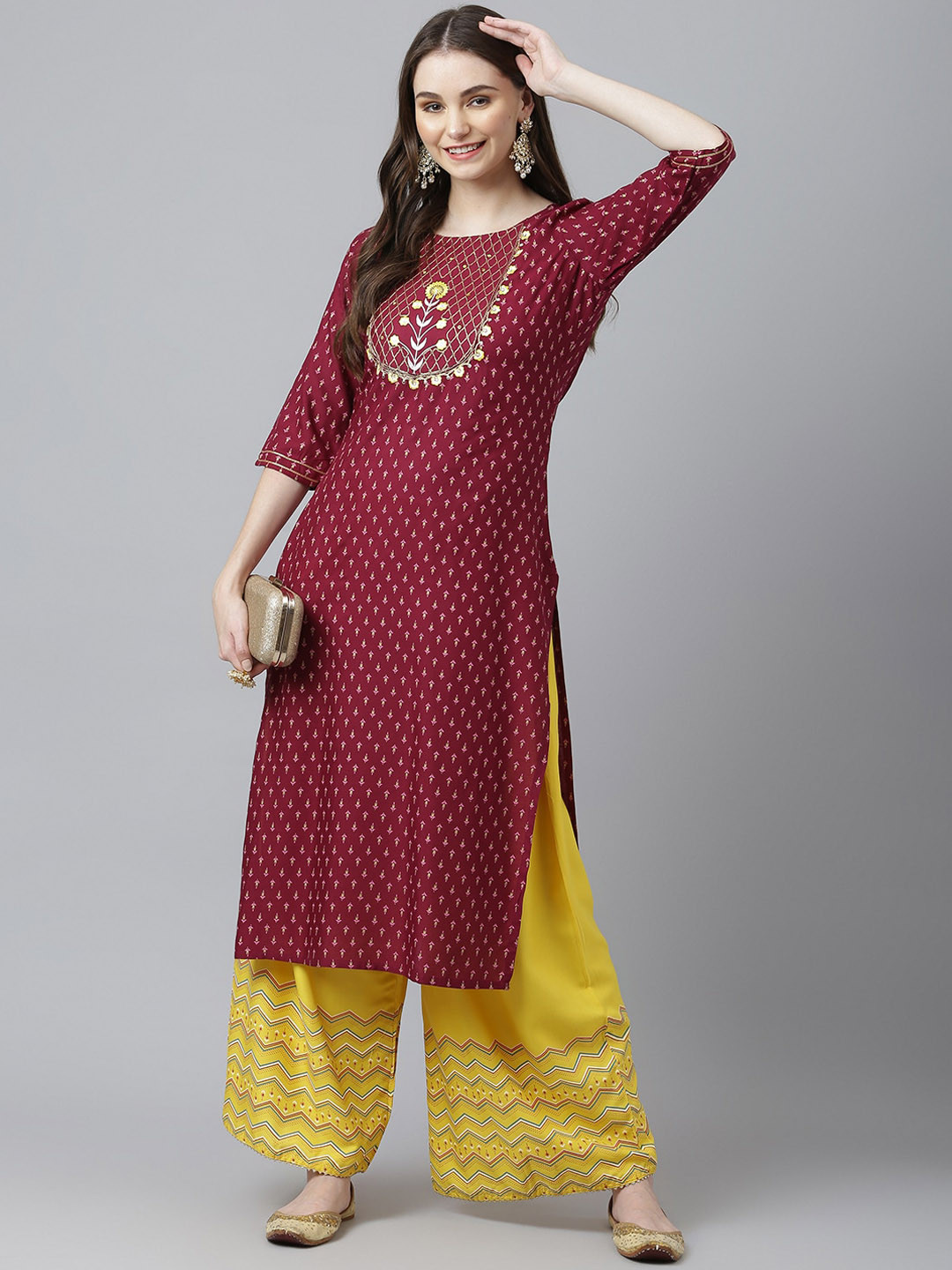 

Kiana Ethnic Motifs Printed Thread Work Straight Kurta with Palazzos, Maroon