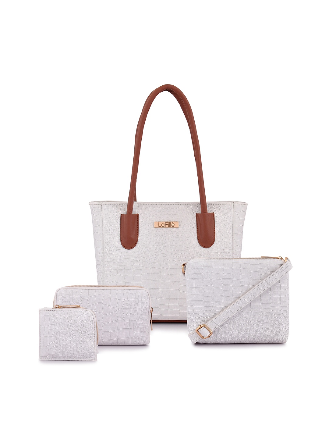 

LaFille Textured Structured Shoulder Bag with Cut Work, White