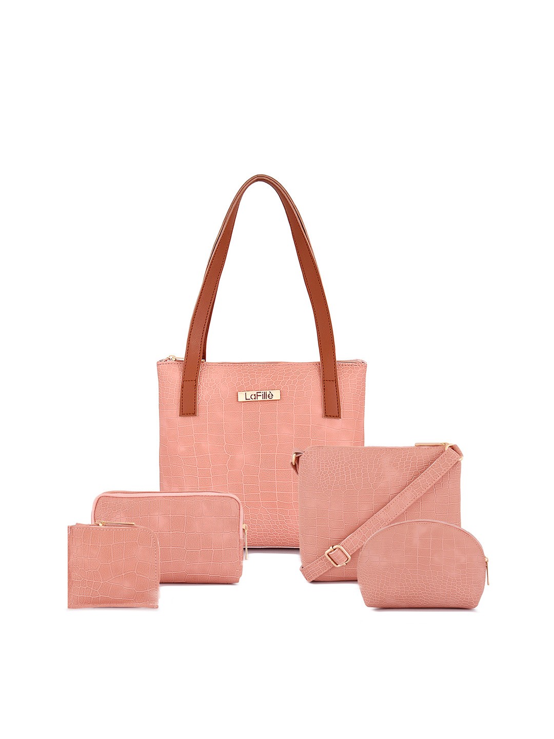 

LaFille Set Of 5 Textured Water Resistant Structured Shoulder Bag, Peach