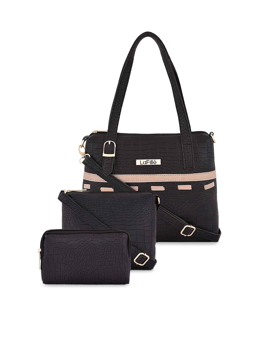 

LaFille Set of 3 PU Structured Handheld Bag, Black