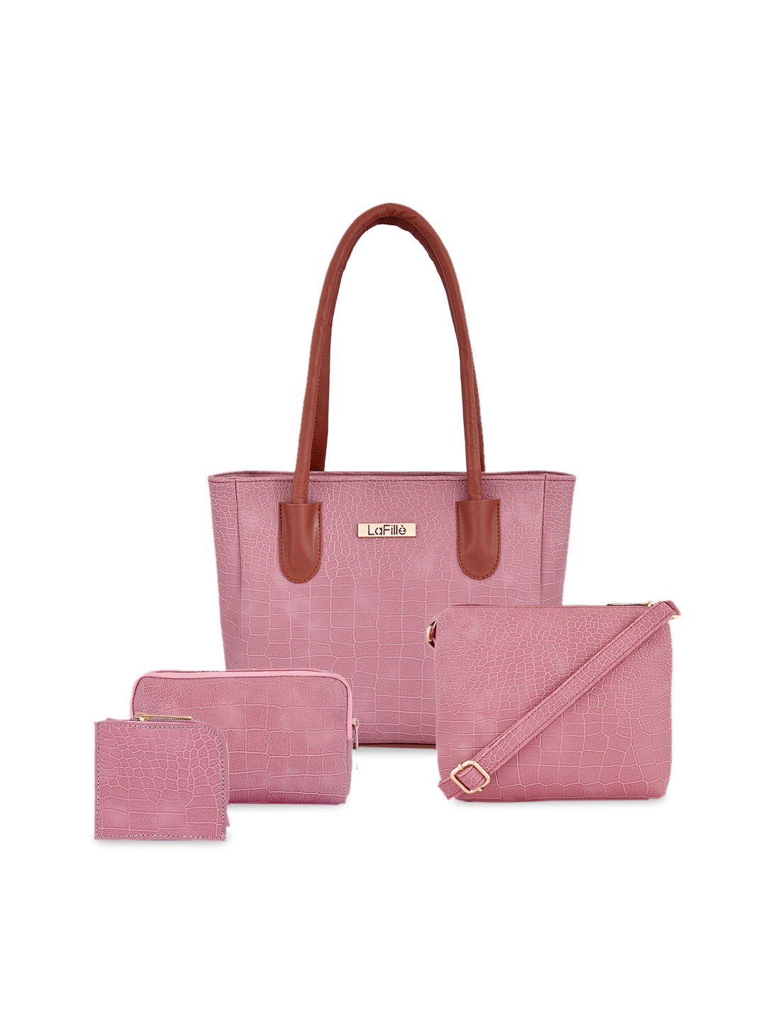 

LaFille Set of 4 Textured Structured Shoulder Bag with Cut Work, Purple