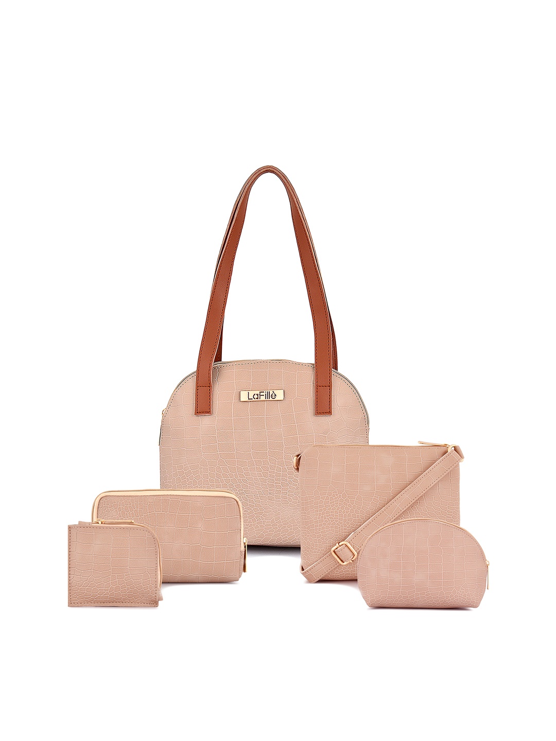 

LaFille Pack Of 5 Textured Structured Shoulder Bag, Beige