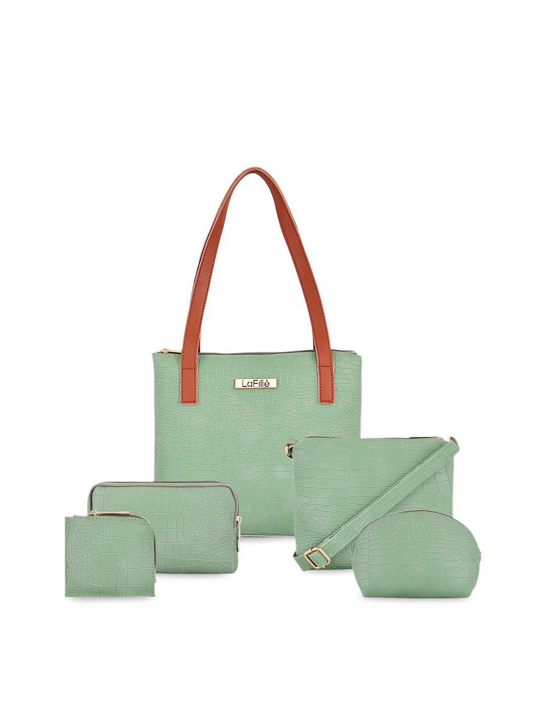 

LaFille Set of 5 PU Structured Shoulder Bag with Cut Work, Green
