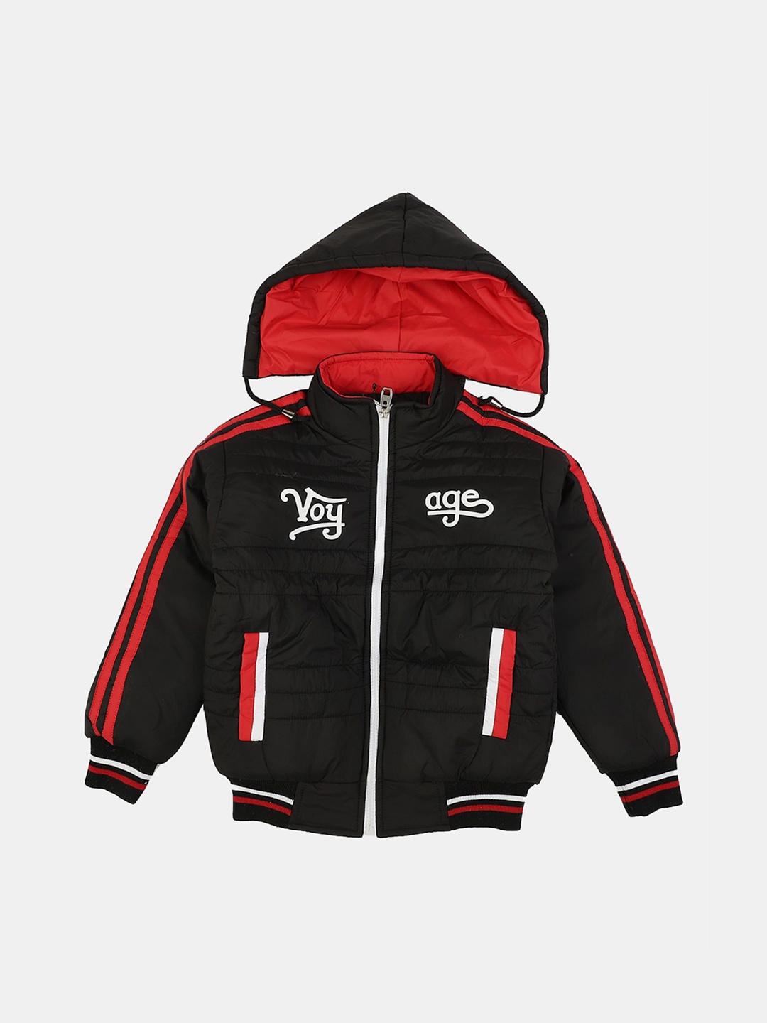 

V-Mart Boys Striped Hooded Bomber Jacket, Black