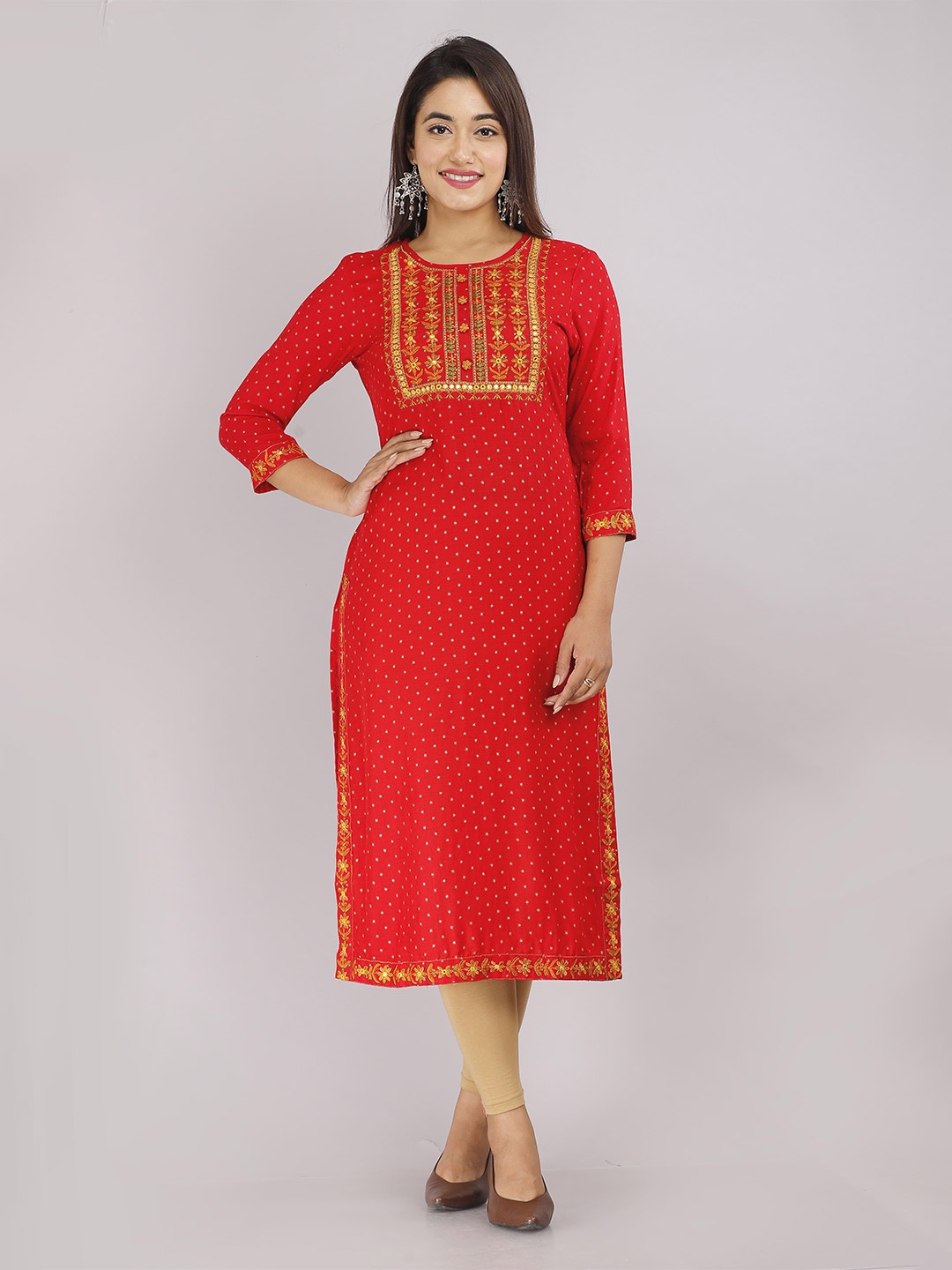 

KALINI Floral Printed Thread Work Straight Kurta, Red