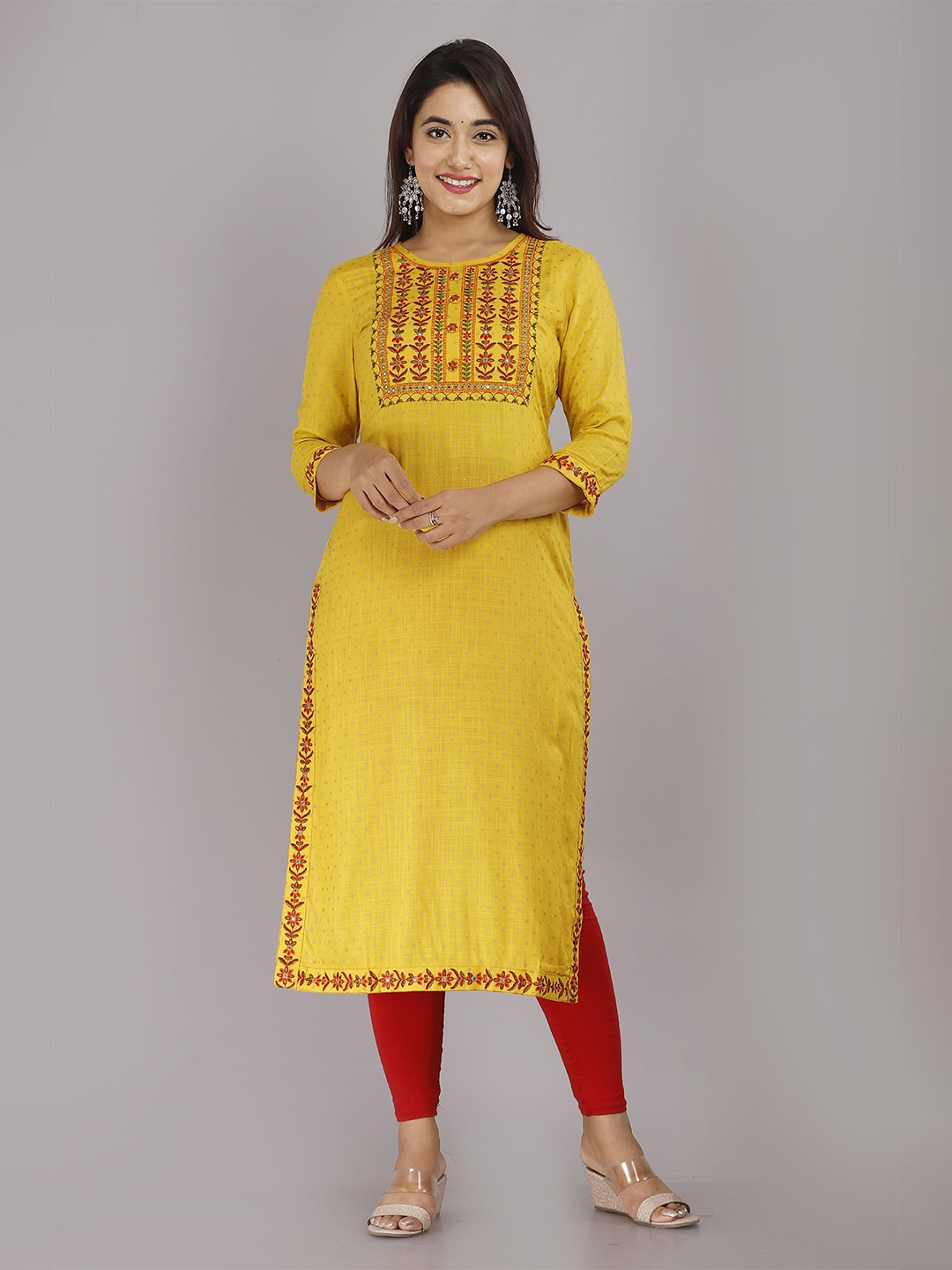 

KALINI Thread Work Yoke Design Straight Kurta, Mustard