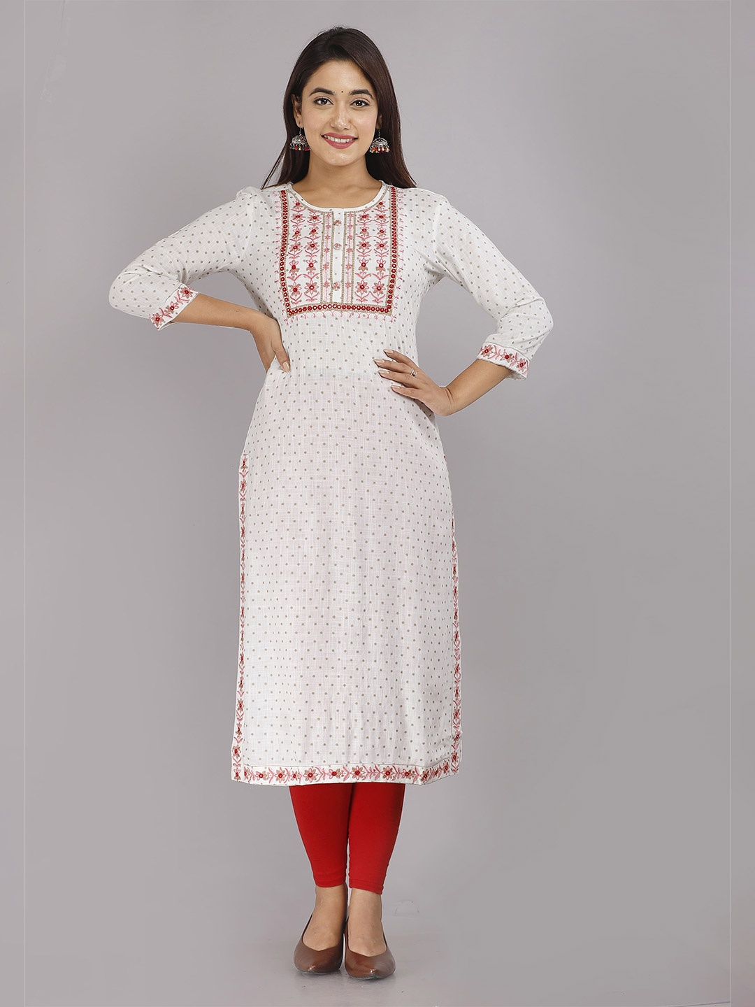 

KALINI Floral Printed Thread Work Detail Straight Kurta, White