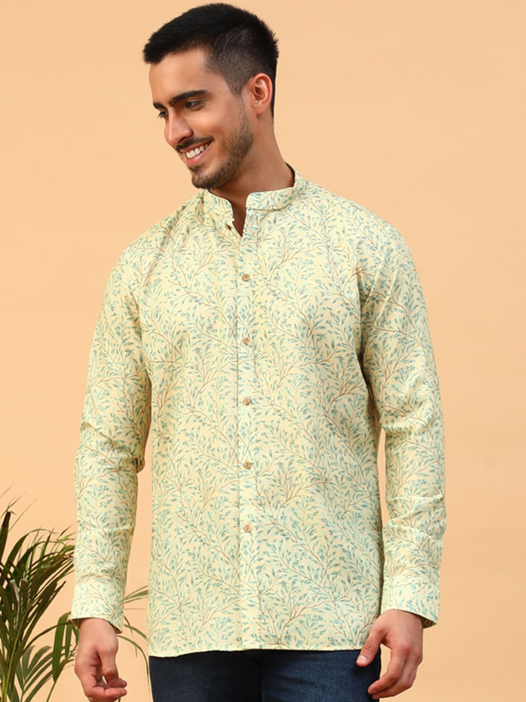 

TABARD Men Yellow & cloud cream Flared Sleeves Thread Work Anarkali Kurta