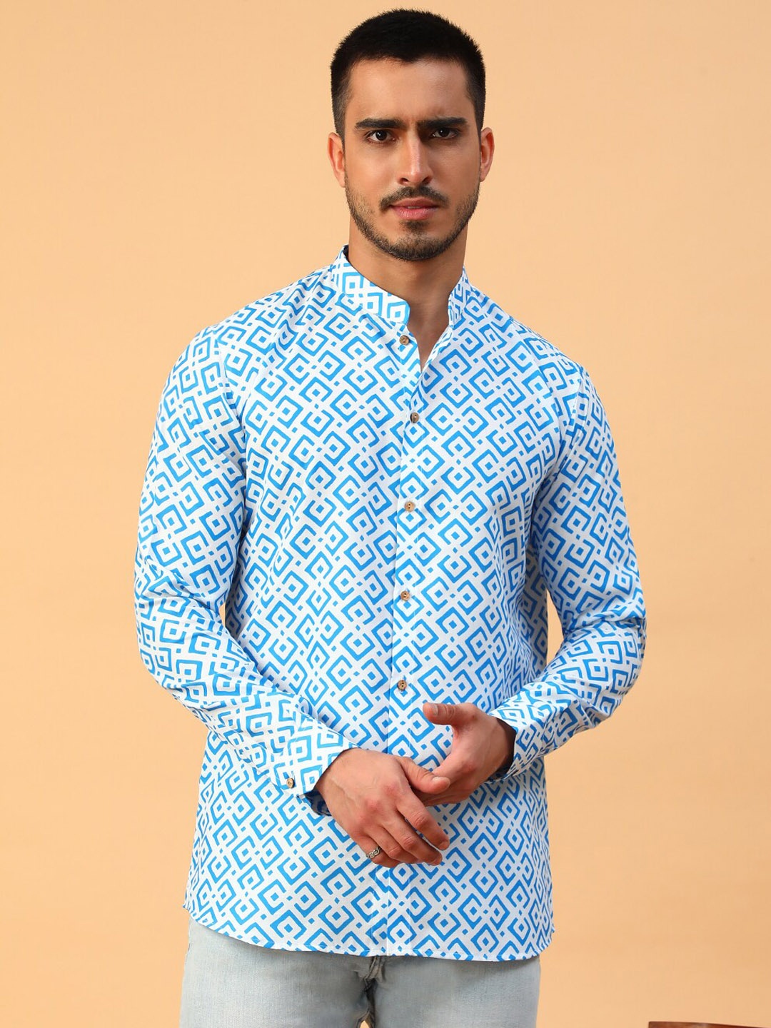 

TABARD Abstract Printed Mandarin Collar Cotton Kurta, Blue