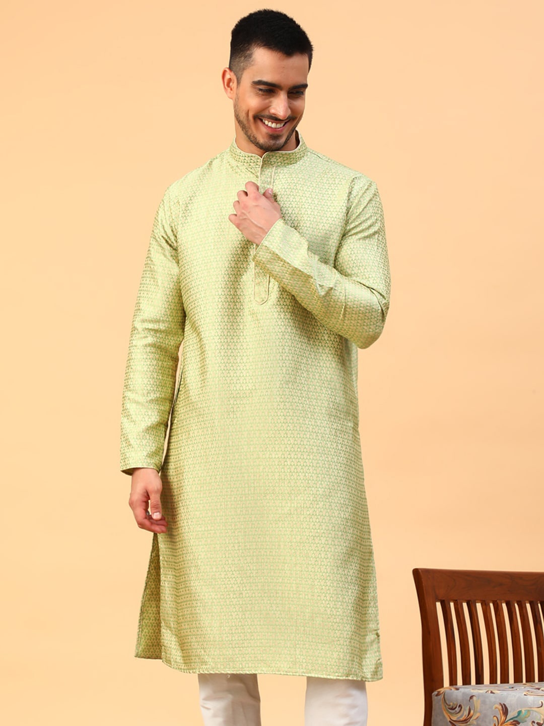 

TABARD Abstract Woven Design Thread Work Jacquard Kurta, Green