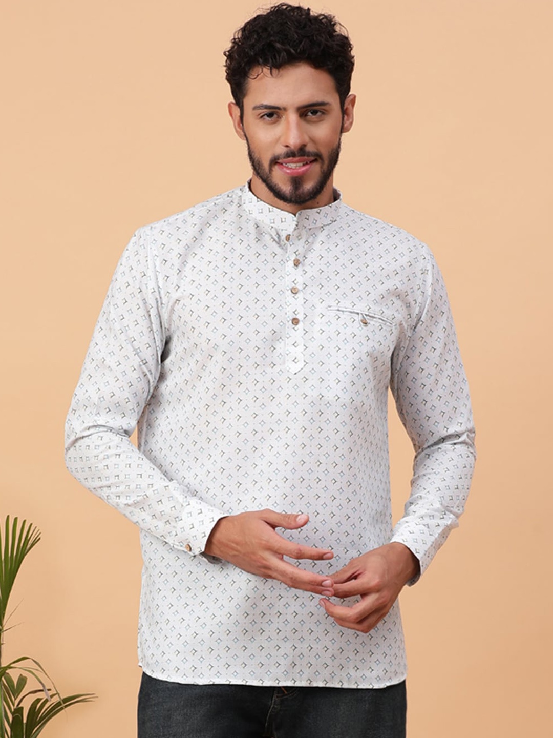 

TABARD Geometric Printed Mandarin Collar Cotton Straight Kurta, White